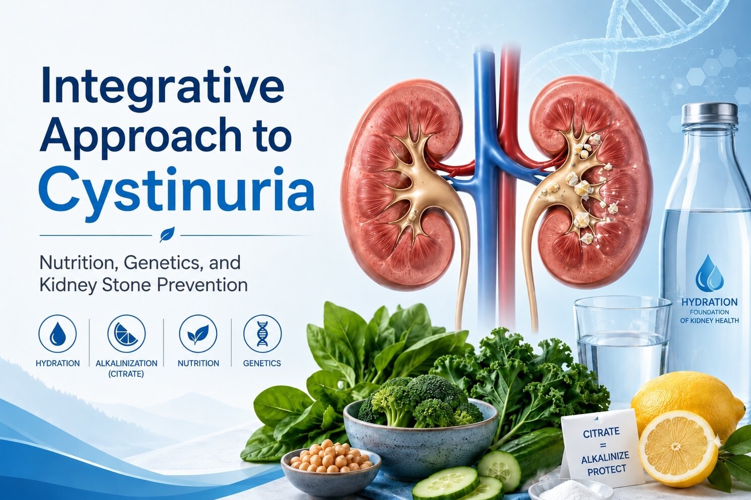 Infographic banner for cystinuria: kidneys on the right, a hydration bottle and fresh greens in the foreground, and the title 'Integrative Approach to Cystinuria' with notes on nutrition, genetics, and kidney stone prevention.