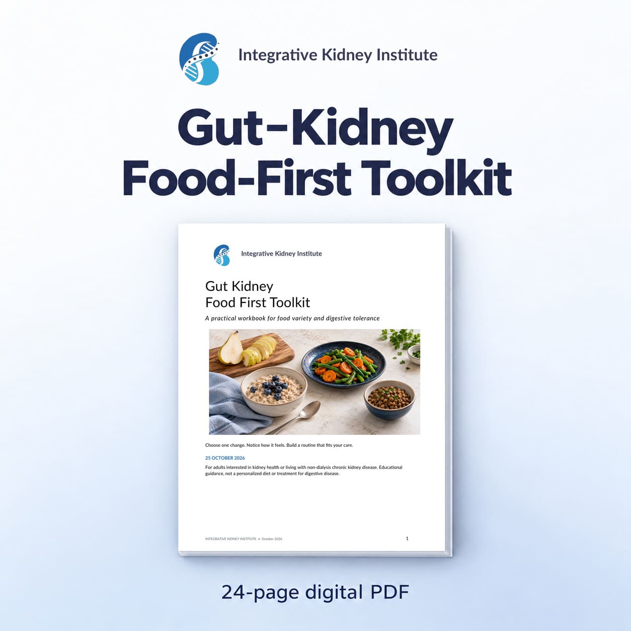 Gut–Kidney Food-First Toolkit, a 24-page digital PDF workbook from Integrative Kidney Institute, showing the approved food-variety and digestive-tolerance cover.