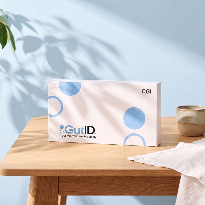 GutID Core at-home stool microbiome test kit on a table