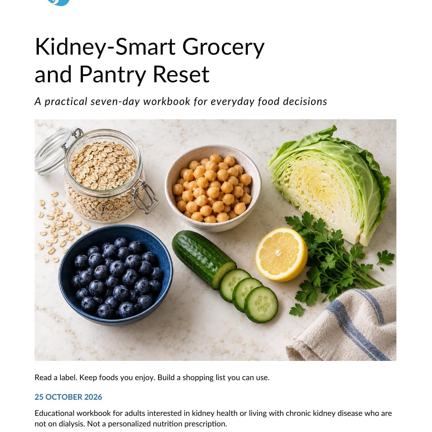 Cover of the Kidney-Smart Grocery and Pantry Reset workbook by Integrative Kidney Institute, with whole foods and the institute logo.